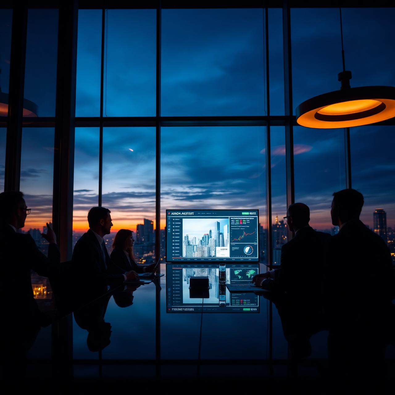 Executive boardroom meeting at dusk